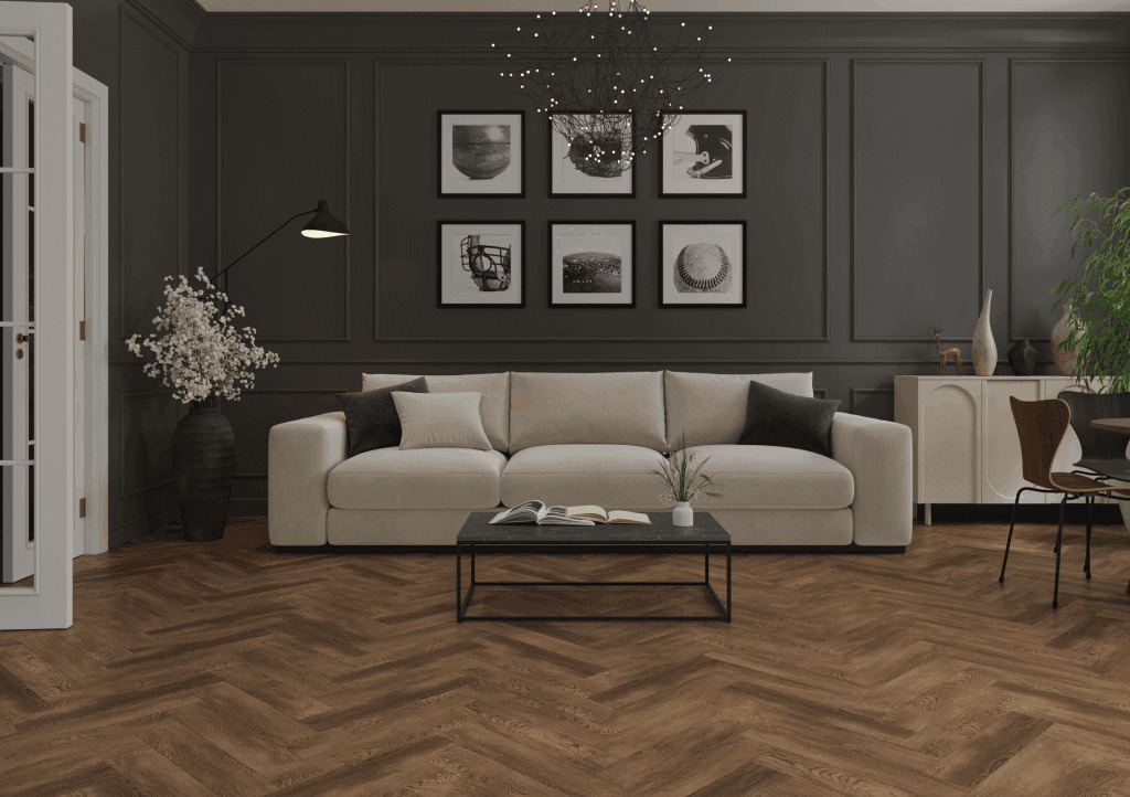 Кварцвиниловый SPC ламинат Norland Parquet S Loft 1055-19 венгерская елка 600×125×4 фото в интерьере