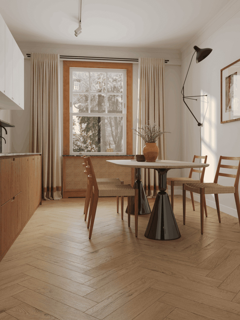 Кварцвиниловый SPC ламинат Norland Parquet S Valena 1055-22 венгерская елка 600×125×4 фото в интерьере
