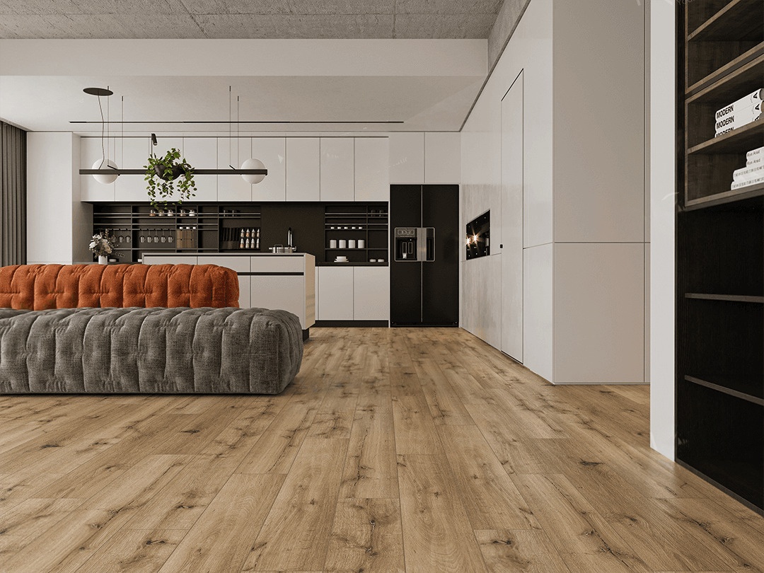 Кварцвиниловый SPC ламинат Norland Lagom Parquet Bomul 1033-13 венгерская елка 600×125×3,5 фото в интерьере
