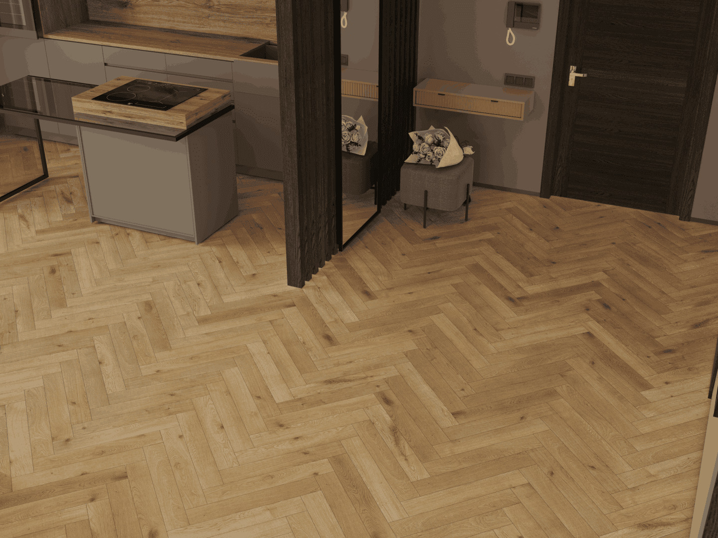 Ламинат Norland Herringbone Elegant 10 Дуб Хайнан LF306-09 венгерская елка 600×100×10 фото в интерьере