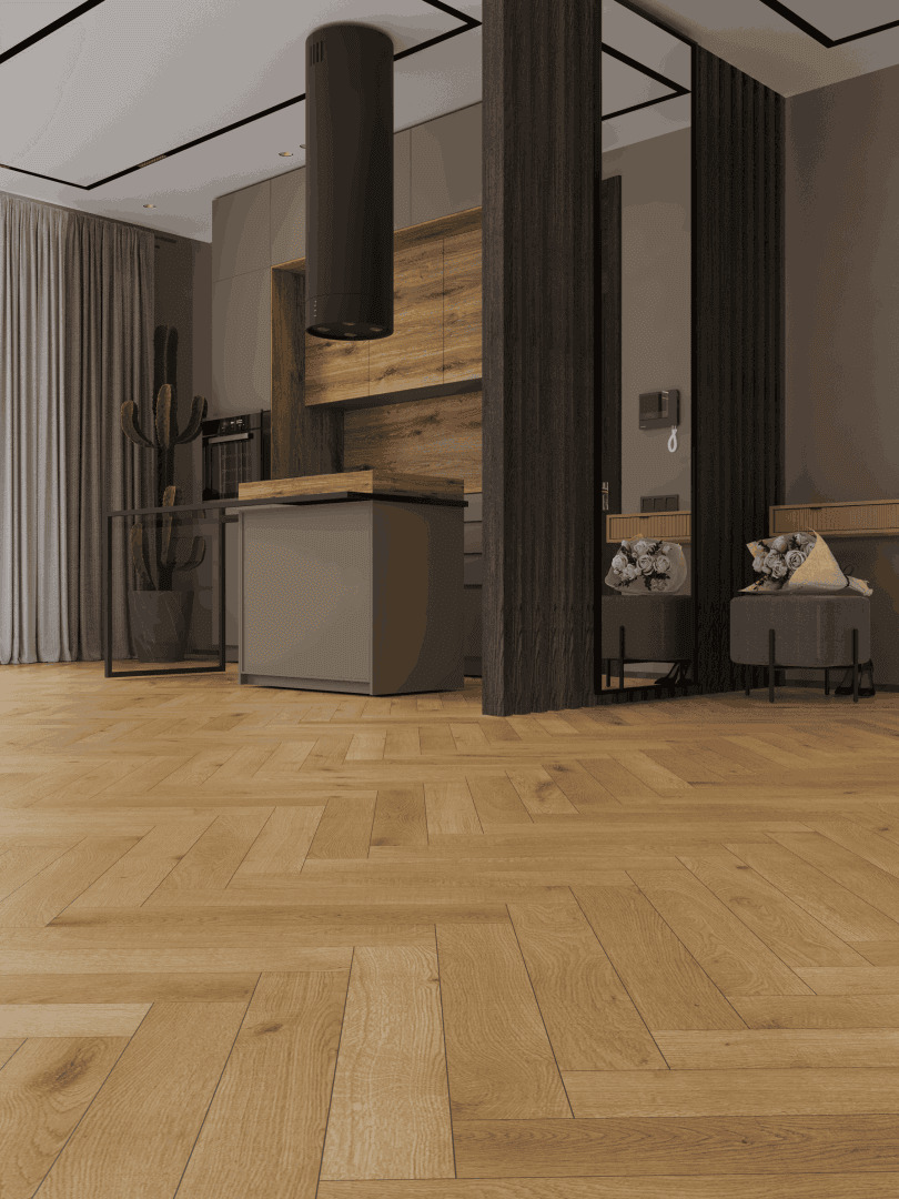 Ламинат Norland Herringbone Elegant 10 Дуб Хайнан LF306-09 венгерская елка 600×100×10 фото в интерьере