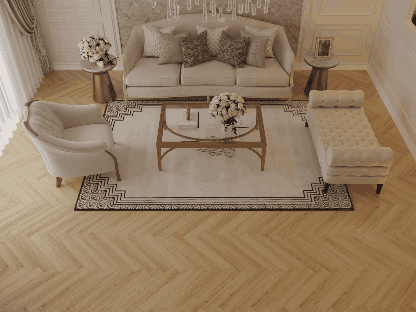 Ламинат Norland Herringbone Elegant Дуб Борео LF303-32 венгерская елка 600×100×8 фото в интерьере