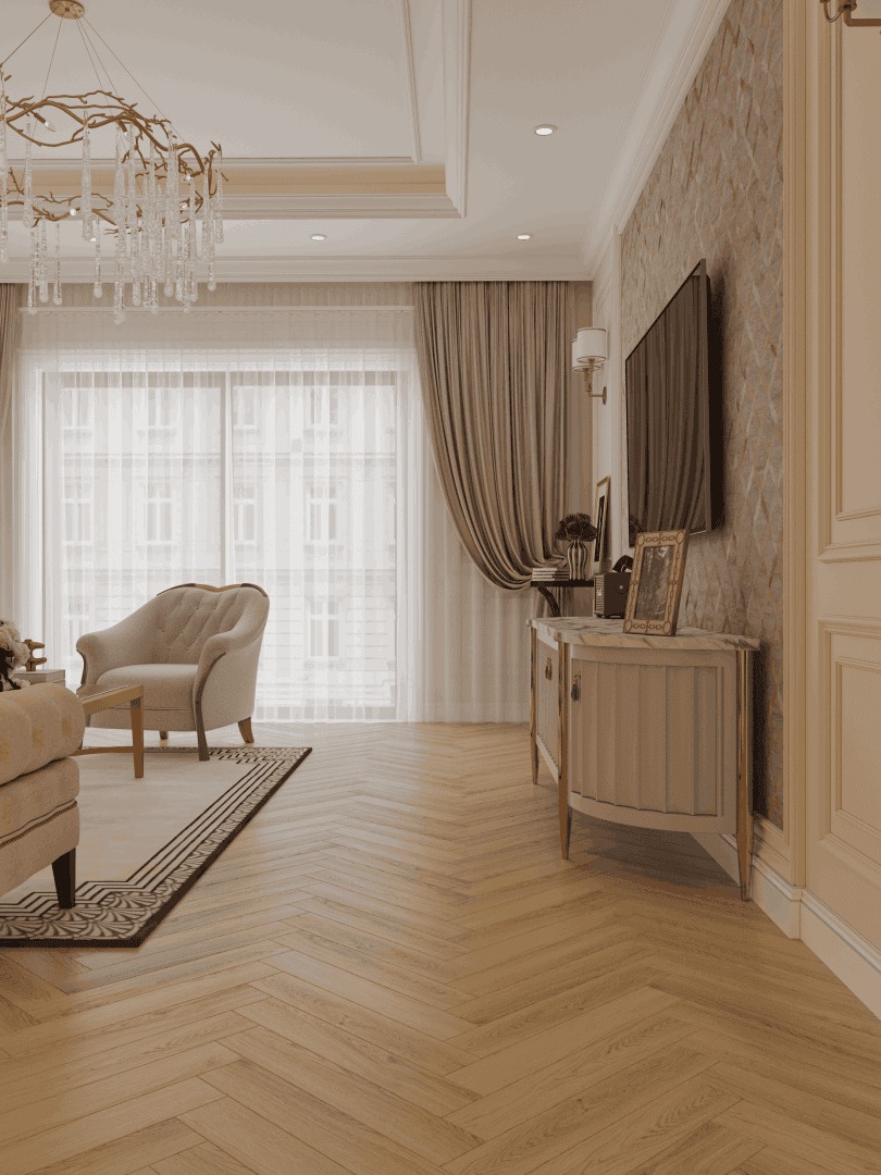 Ламинат Norland Herringbone Elegant Дуб Борео LF303-32 венгерская елка 600×100×8 фото в интерьере