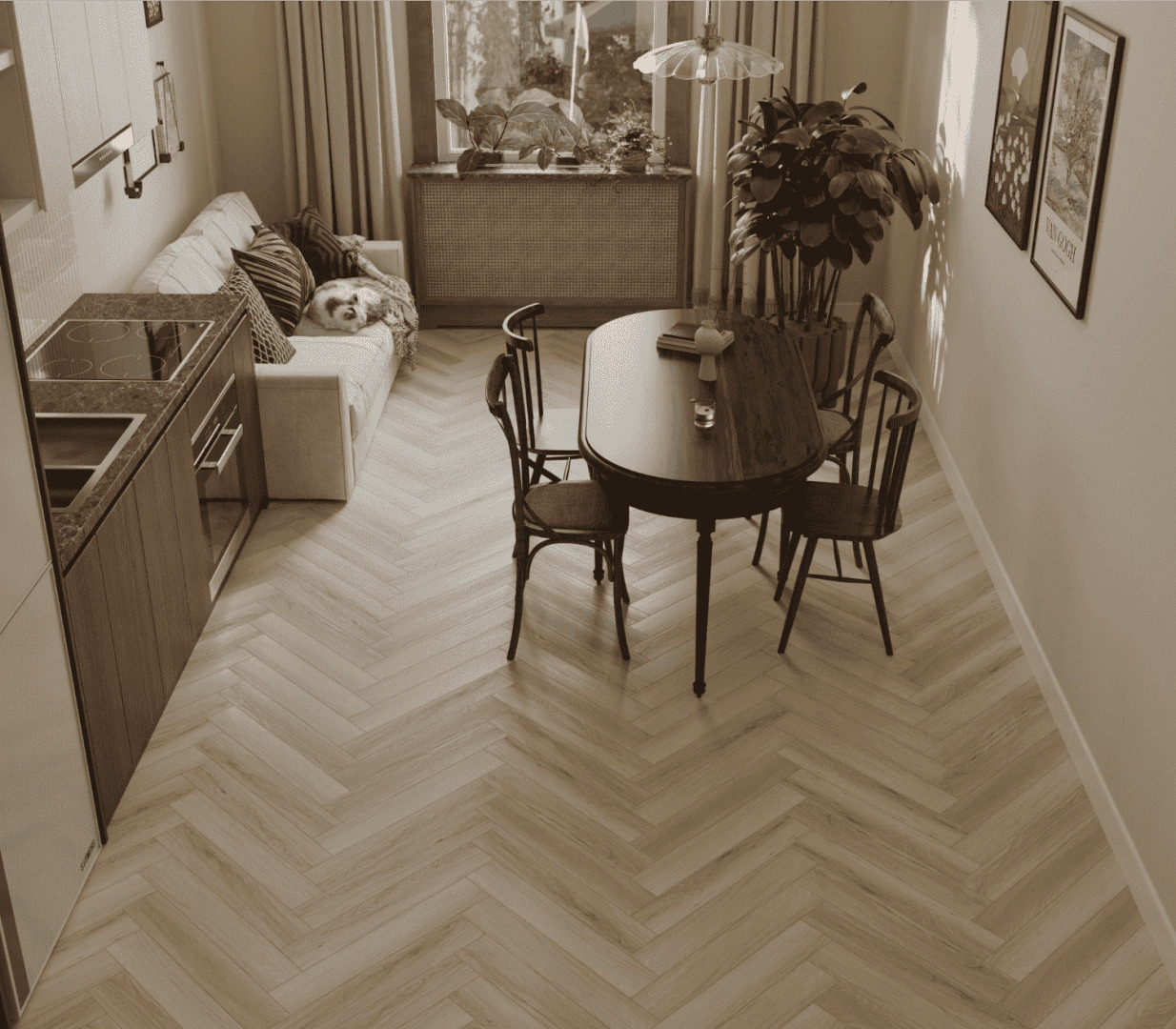 Ламинат Norland Herringbone Elegant Дуб Иония LF303-33 венгерская елка 600×100×8 фото в интерьере
