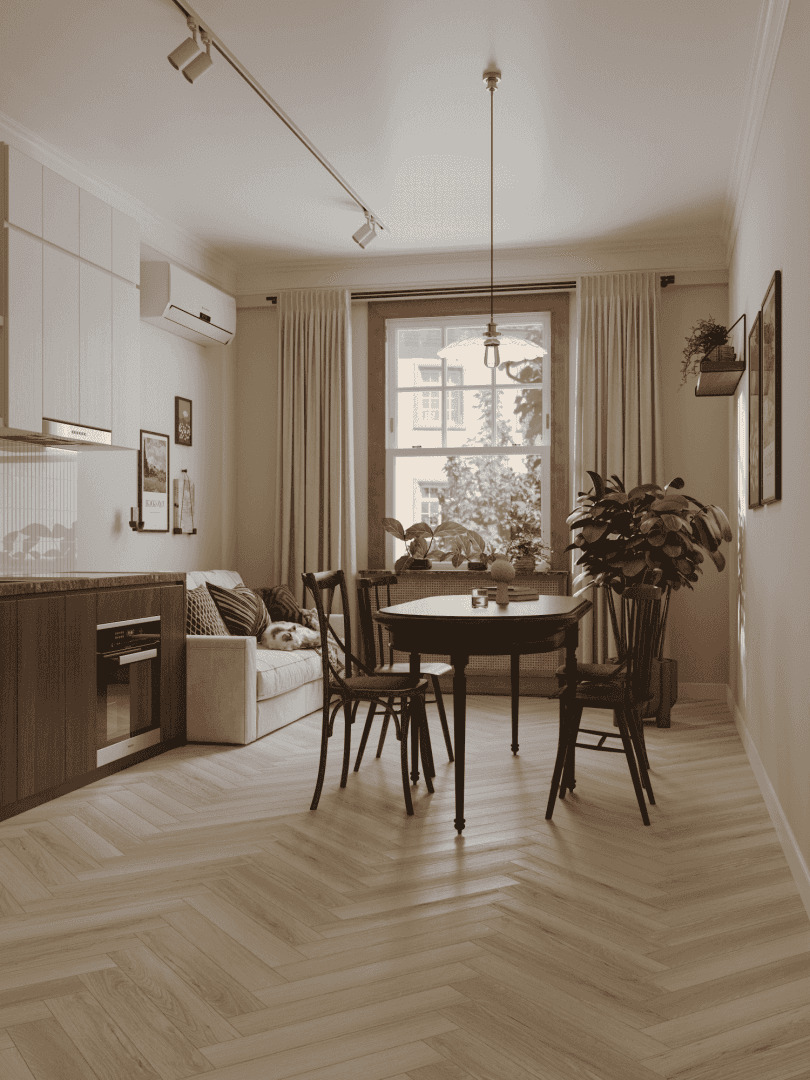 Ламинат Norland Herringbone Elegant Дуб Иония LF303-33 венгерская елка 600×100×8 фото в интерьере