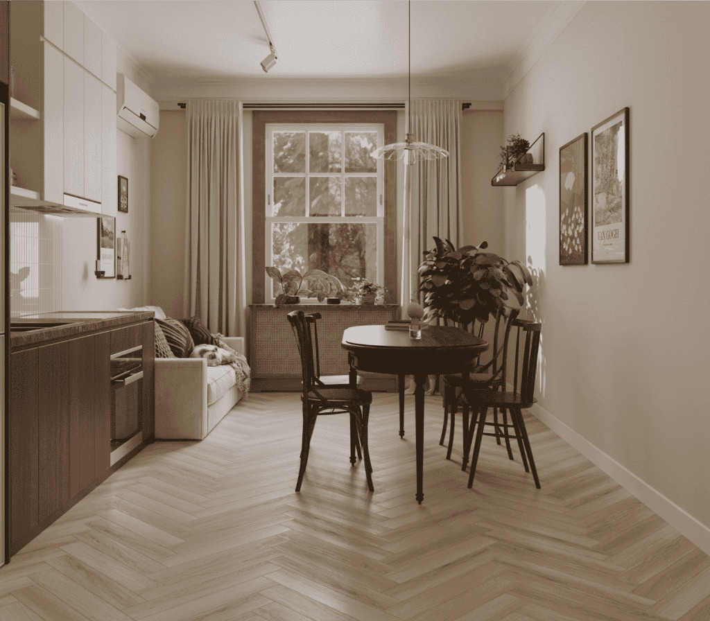 Ламинат Norland Herringbone Elegant Дуб Иония LF303-33 венгерская елка 600×100×8 фото в интерьере