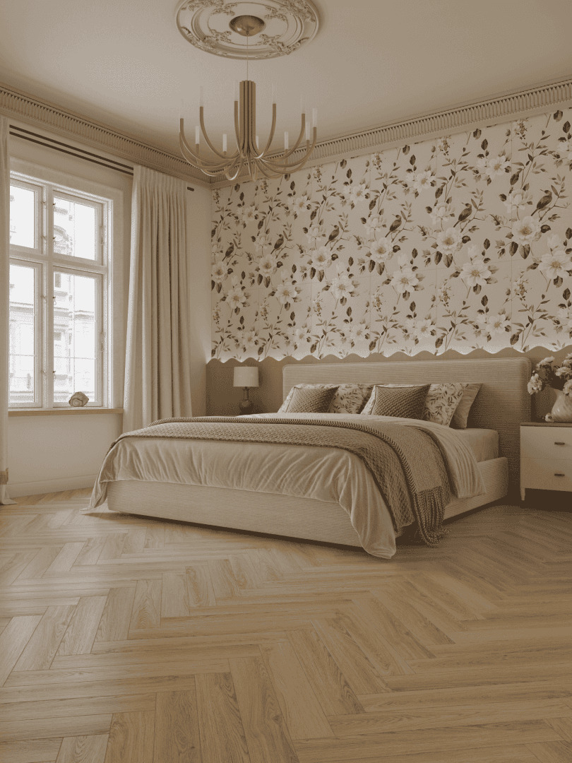 Ламинат Norland Herringbone Elegant Strong Дуб Монте LF304-34 венгерская елка 600×100×12 фото в интерьере