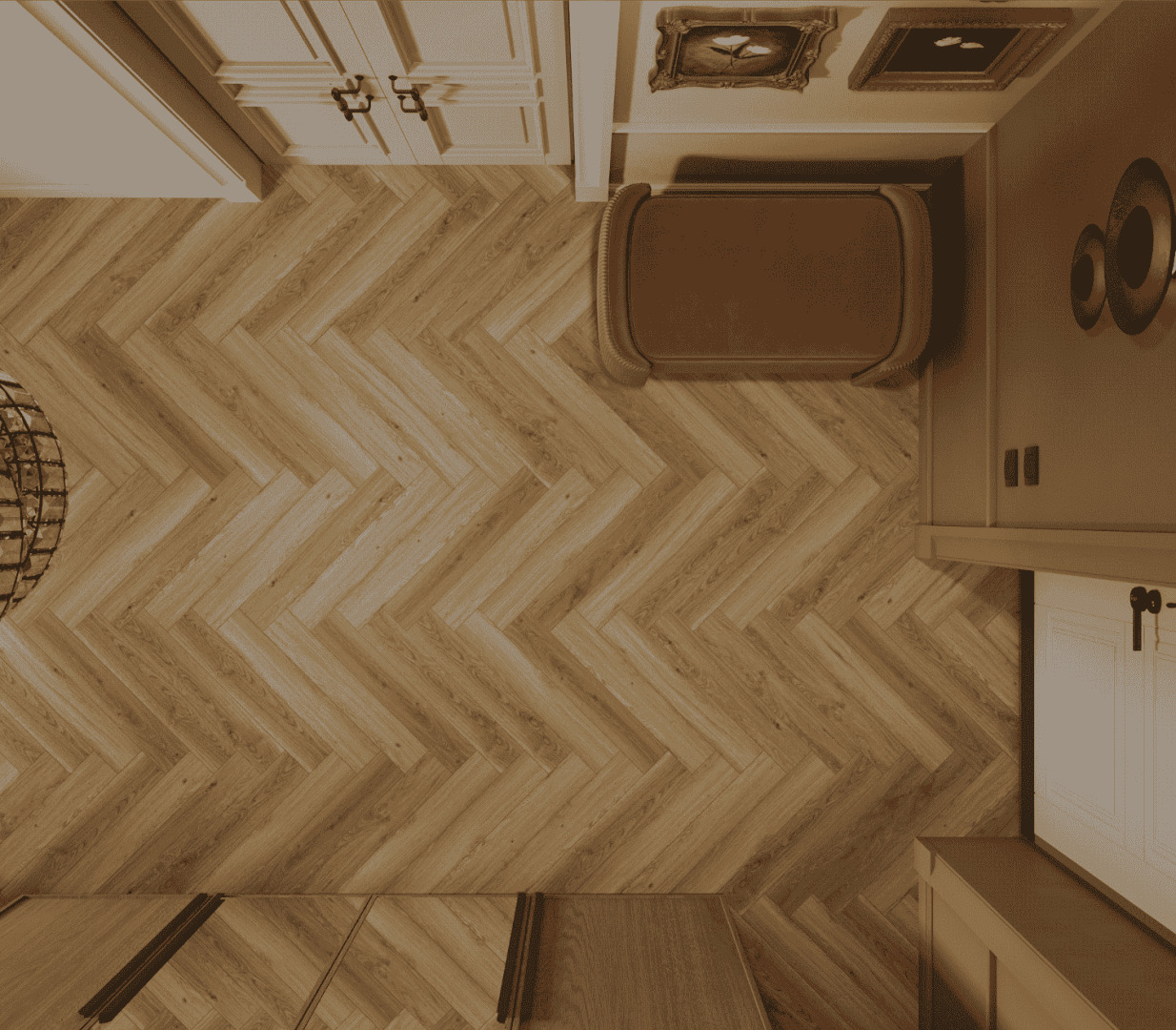 Ламинат Norland Herringbone Elegant Strong Дуб Рива LF304-35 венгерская елка 600×100×12 фото в интерьере