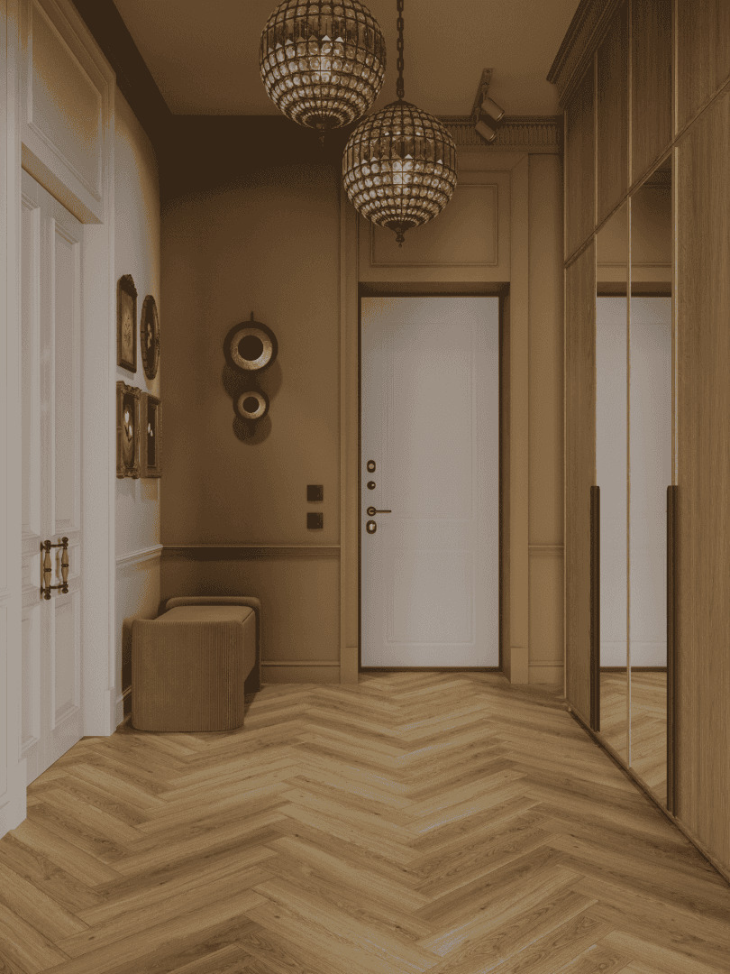 Ламинат Norland Herringbone Elegant Strong Дуб Рива LF304-35 венгерская елка 600×100×12 фото в интерьере