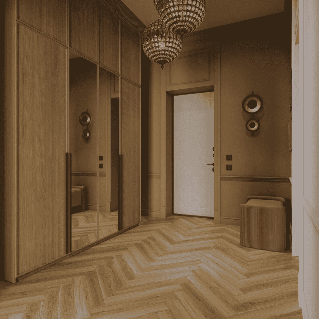 Ламинат Norland Herringbone Elegant Strong Дуб Рива LF304-35 венгерская елка 600×100×12 фото в интерьере