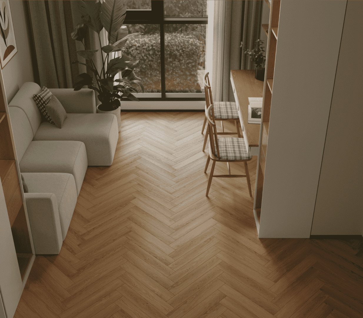 Ламинат Norland Herringbone Elegant Strong Дуб Наксос LF304-36 венгерская елка 600×100×12 фото в интерьере