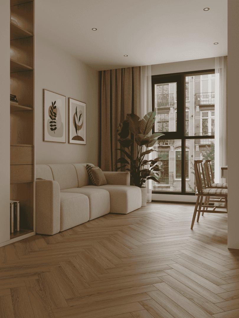 Ламинат Norland Herringbone Elegant Strong Дуб Наксос LF304-36 венгерская елка 600×100×12 фото в интерьере