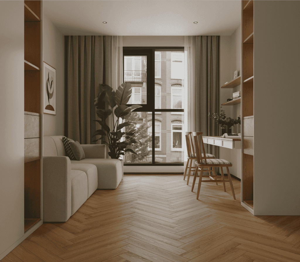 Ламинат Norland Herringbone Elegant Strong Дуб Наксос LF304-36 венгерская елка 600×100×12 фото в интерьере
