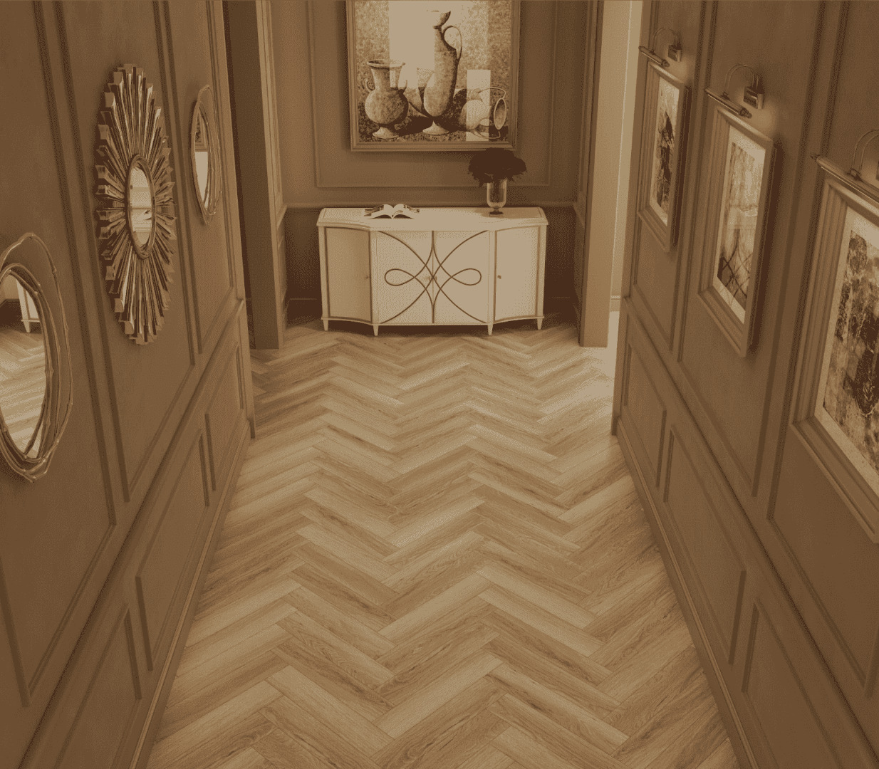 Ламинат Norland Herringbone Elegant Strong Дуб Тинос LF304-38 венгерская елка 600×100×12 фото в интерьере