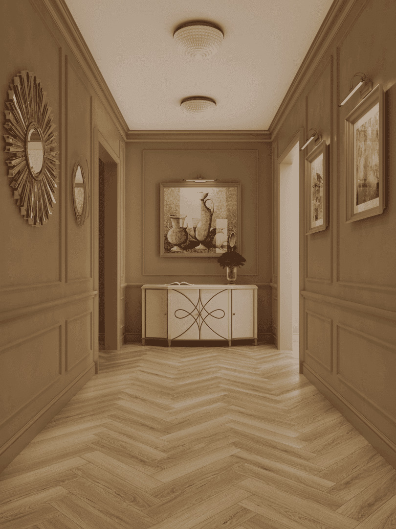Ламинат Norland Herringbone Elegant Strong Дуб Тинос LF304-38 венгерская елка 600×100×12 фото в интерьере