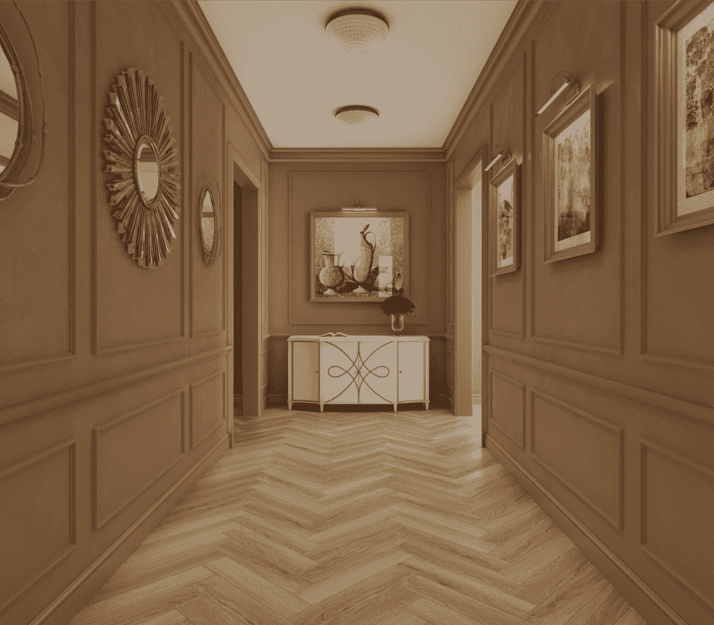Ламинат Norland Herringbone Elegant Strong Дуб Тинос LF304-38 венгерская елка 600×100×12 фото в интерьере