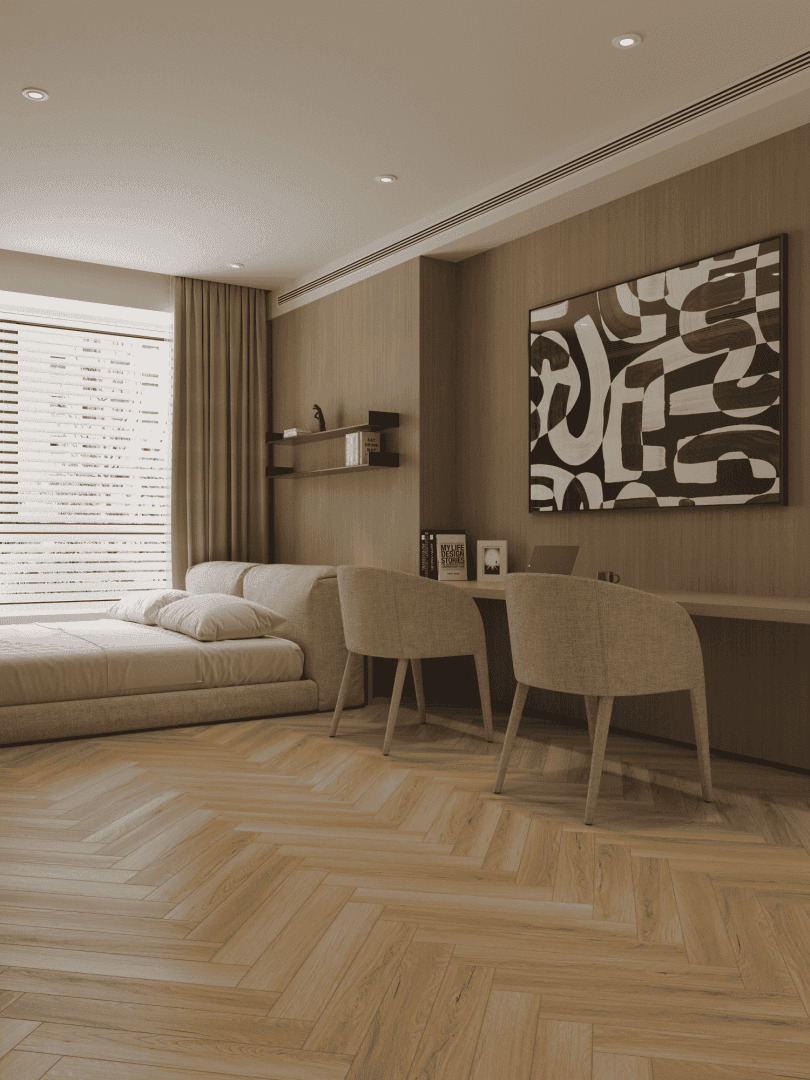 Ламинат Norland Herringbone Elegant Дуб Босна LF303-39 венгерская елка 600×100×8 фото в интерьере