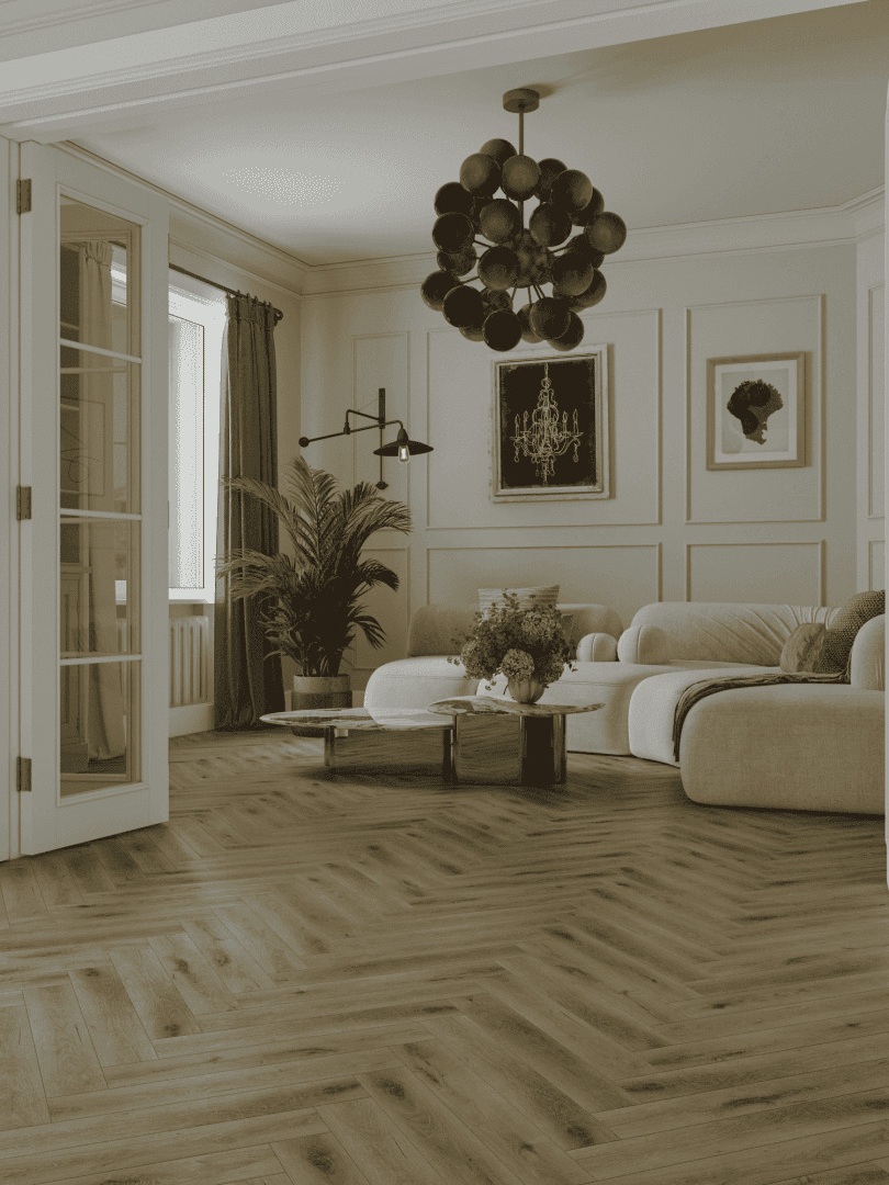 Ламинат Norland Herringbone Elegant Дуб Элла LF303-41 венгерская елка 600×100×8 фото в интерьере