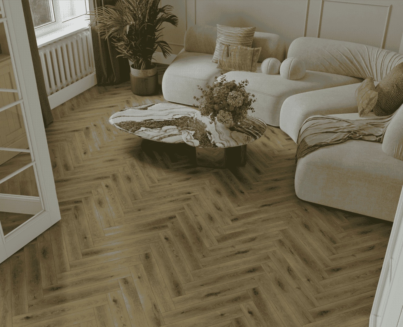 Ламинат Norland Herringbone Elegant Дуб Элла LF303-41 венгерская елка 600×100×8 фото в интерьере