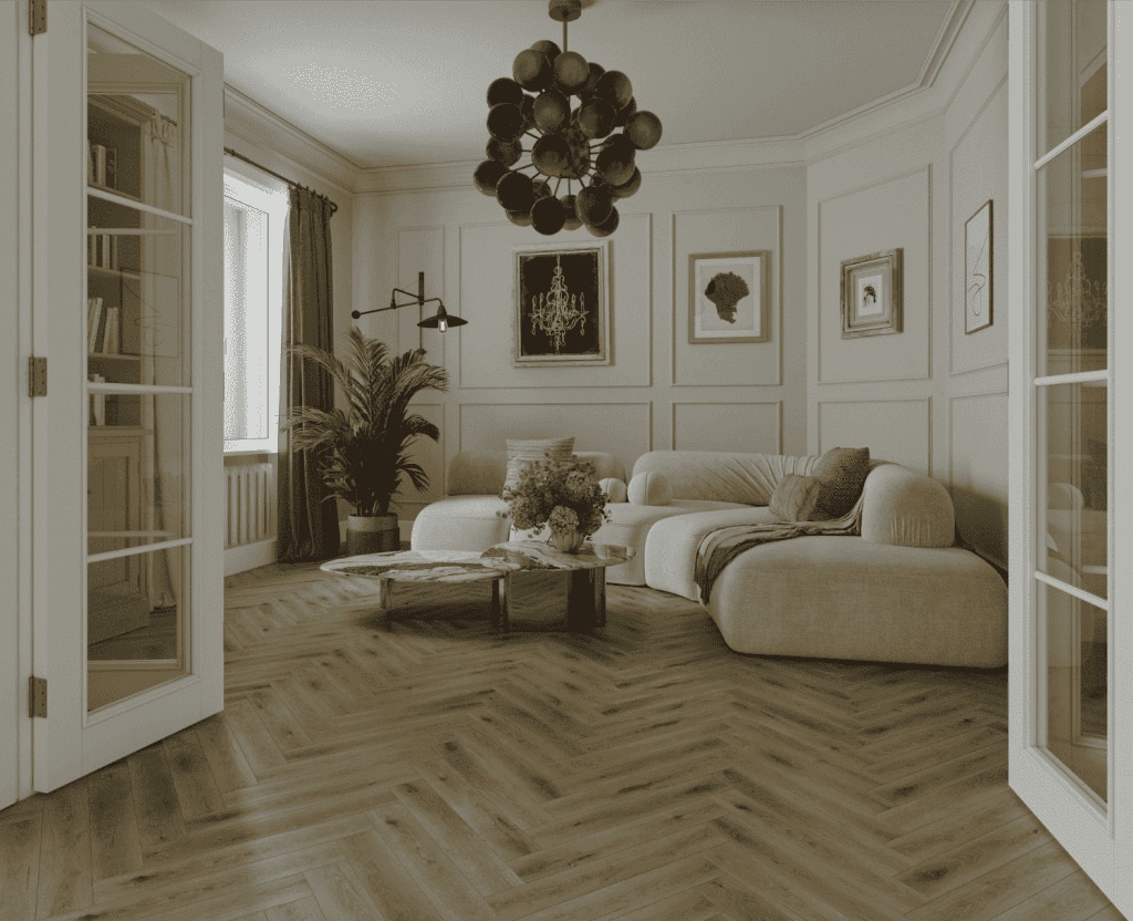 Ламинат Norland Herringbone Elegant Дуб Элла LF303-41 венгерская елка 600×100×8 фото в интерьере