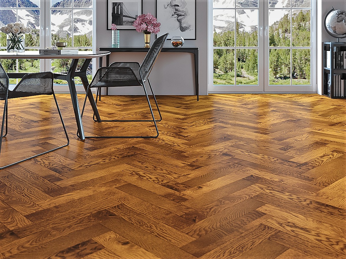 Инженерная доска Gran Parte Дуб Амаретто 049 прайм-селект венгерская елка 550×110×15 фото в интерьере