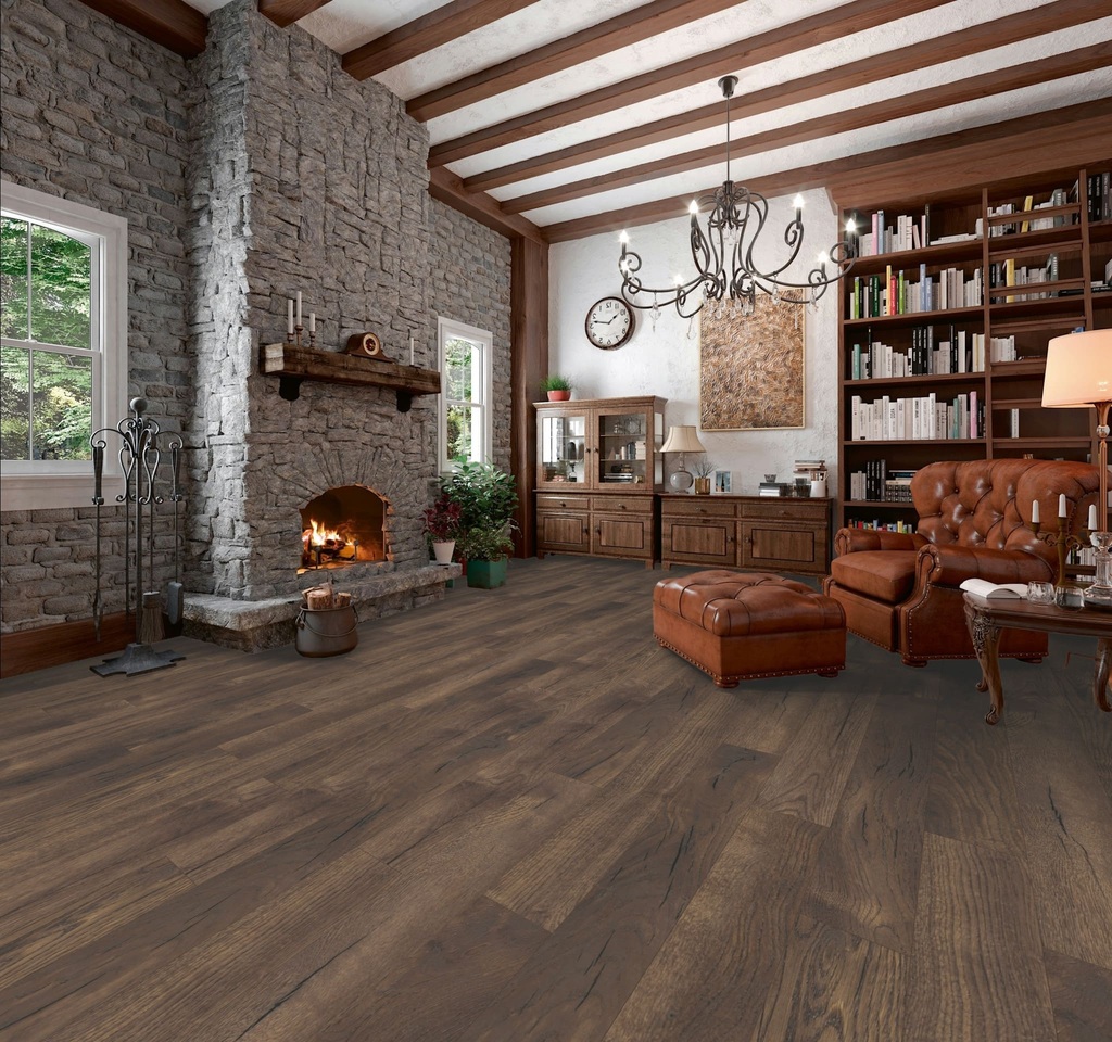 Ламинат My Floor Villa Дуб Темный Петтерсон M1221 1375×188×12 фото в интерьере
