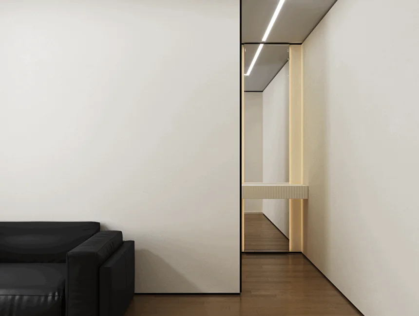 Плинтус алюминиевый теневой с подсветкой Laconistiq Light Doors Черный муар 38-31-300 3000×36×15,5 фото в интерьере