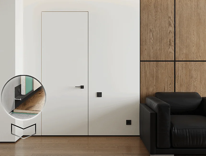 Плинтус алюминиевый теневой с подсветкой Laconistiq Light Doors Черный муар 38-31-300 3000×36×15,5 фото в интерьере