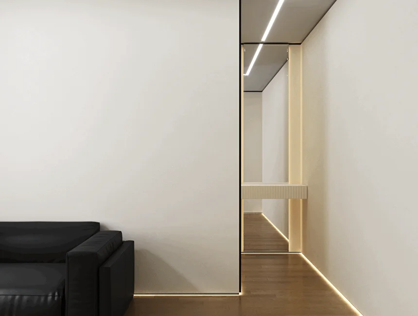 Плинтус алюминиевый теневой с подсветкой Laconistiq Light Doors Черный муар 38-31-300 3000×36×15,5 фото в интерьере