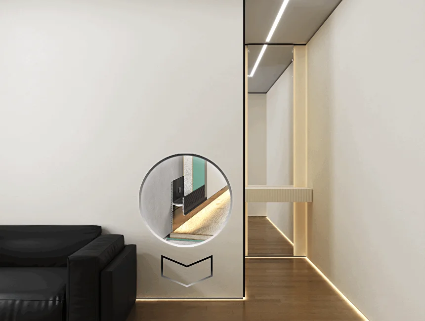 Плинтус алюминиевый теневой с подсветкой Laconistiq Light Doors Черный муар 38-31-300 3000×36×15,5 фото в интерьере
