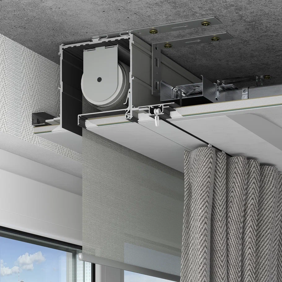 Профиль алюминиевый теневой для штор Laconistiq Roll-Box Base Черный муар 57-31-270 3000×110×110 фото в интерьере