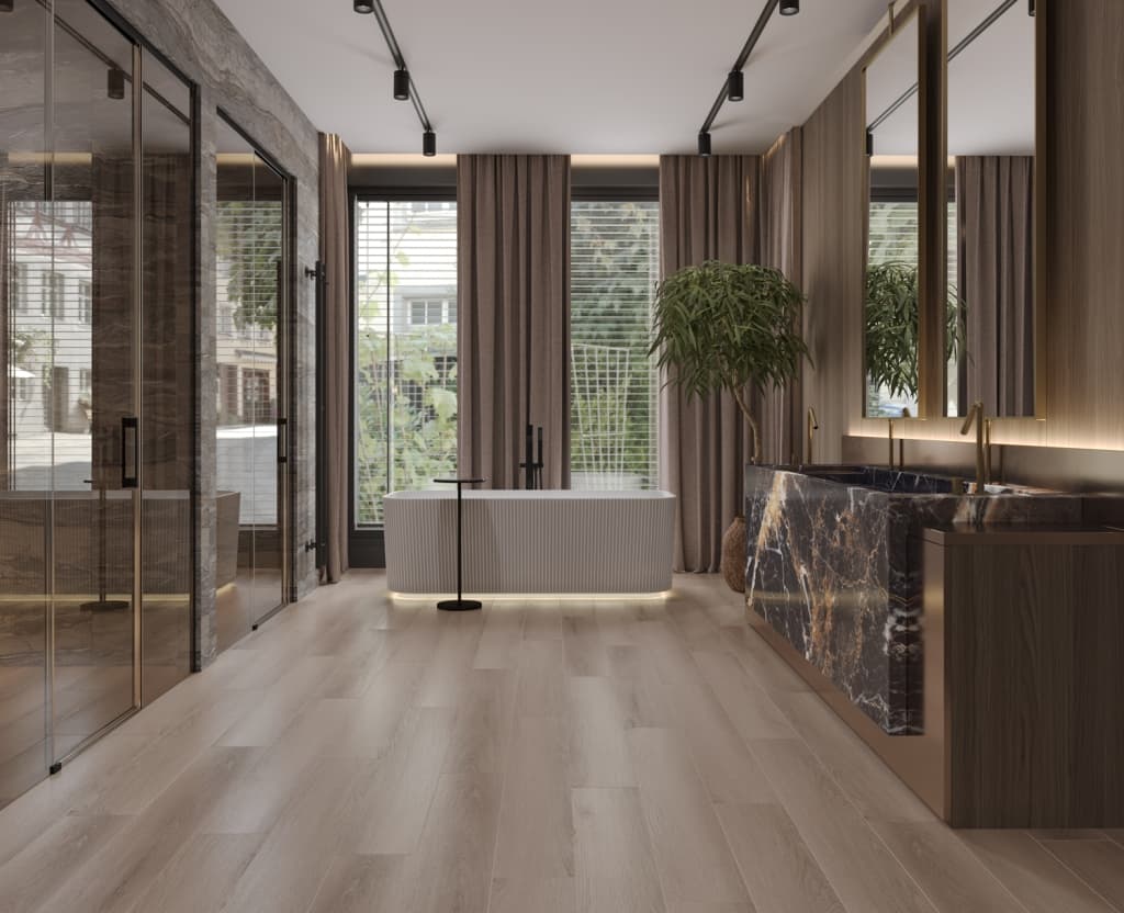 Кварцвиниловый SPC ламинат Alpine Floor Титан 6 Агат ECO 28-5-R 1220×183×6 фото в интерьере