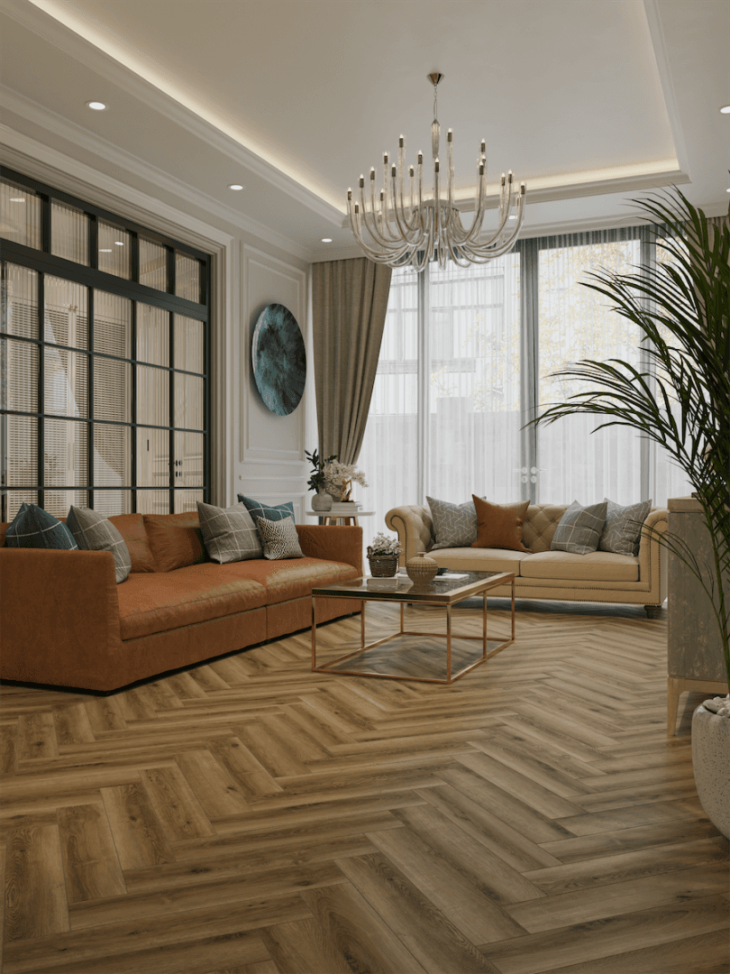 Кварцвиниловый SPC ламинат Alpine Floor Титан Паркет Афина ECO 29-1-R венгерская елка 600×125×6 фото в интерьере