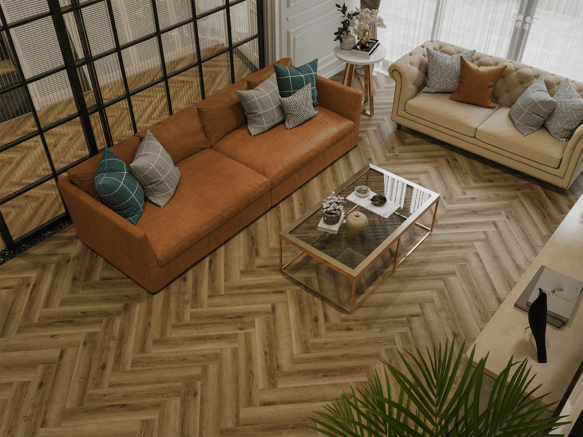 Кварцвиниловый SPC ламинат Alpine Floor Титан Паркет Афина ECO 29-1-R венгерская елка 600×125×6 фото в интерьере