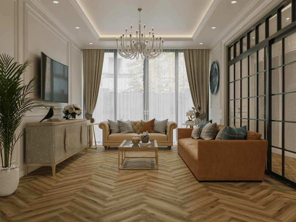 Кварцвиниловый SPC ламинат Alpine Floor Титан Паркет Афина ECO 29-1-R венгерская елка 600×125×6 фото в интерьере