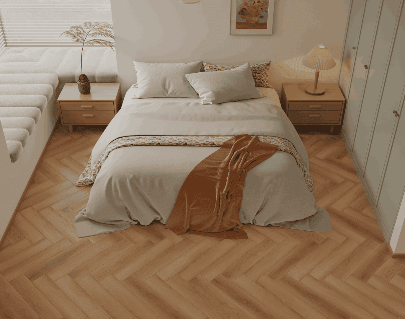 Кварцвиниловый SPC ламинат Alpine Floor Титан Паркет Тантал ECO 29-10-R венгерская елка 600×125×6 фото в интерьере