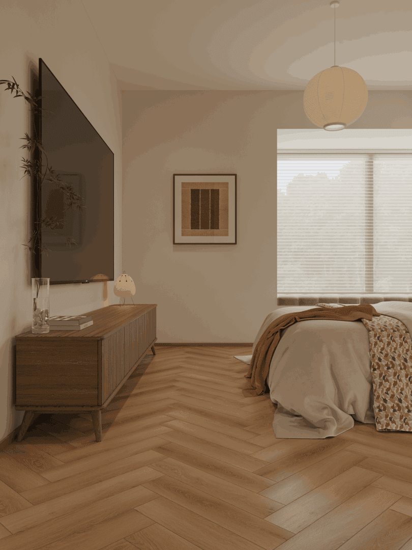 Кварцвиниловый SPC ламинат Alpine Floor Титан Паркет Тантал ECO 29-10-R венгерская елка 600×125×6 фото в интерьере