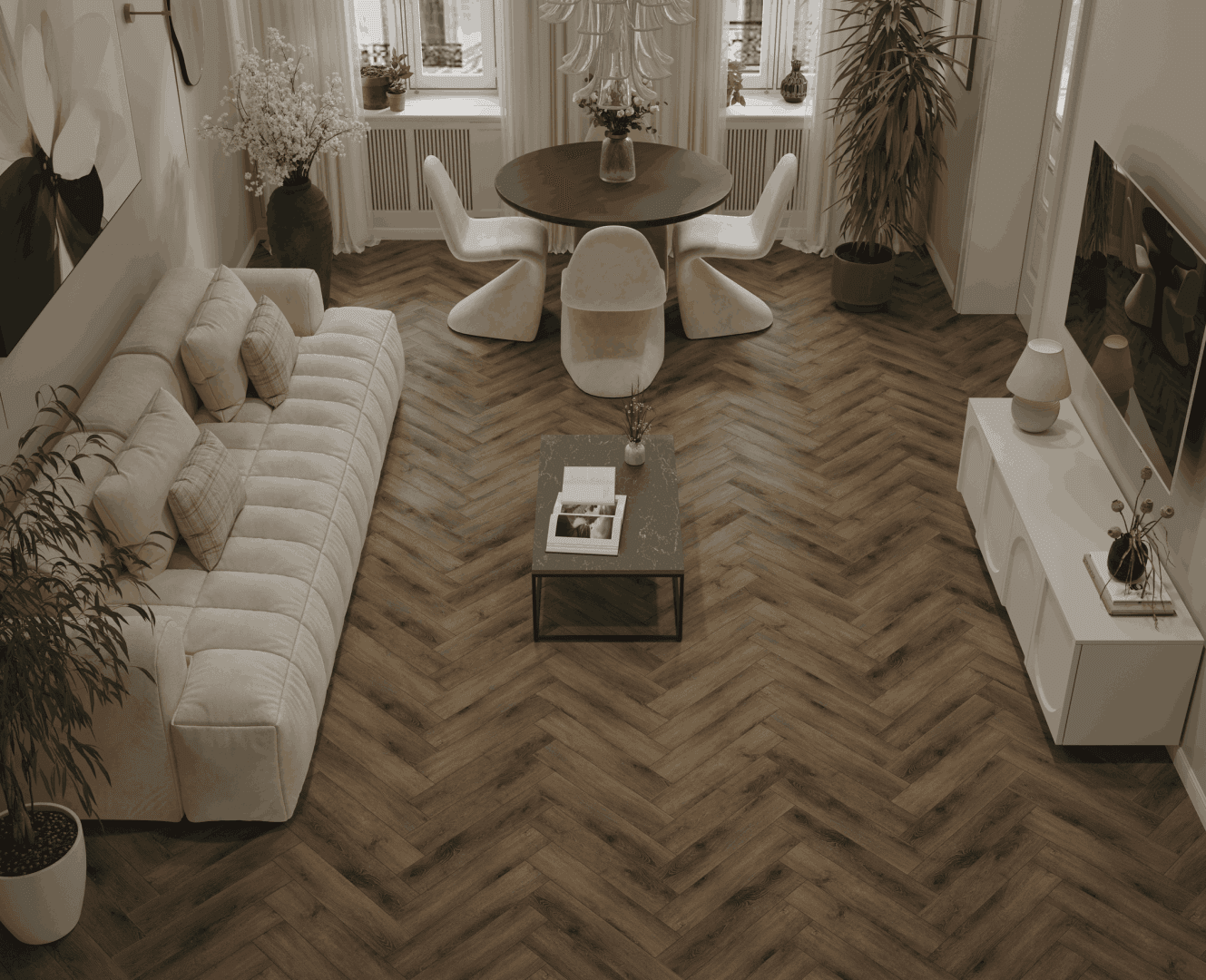 Кварцвиниловый SPC ламинат Alpine Floor Титан Паркет Центурион ECO 29-3-R венгерская елка 600×125×6 фото в интерьере