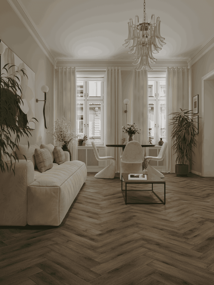 Кварцвиниловый SPC ламинат Alpine Floor Титан Паркет Центурион ECO 29-3-R венгерская елка 600×125×6 фото в интерьере