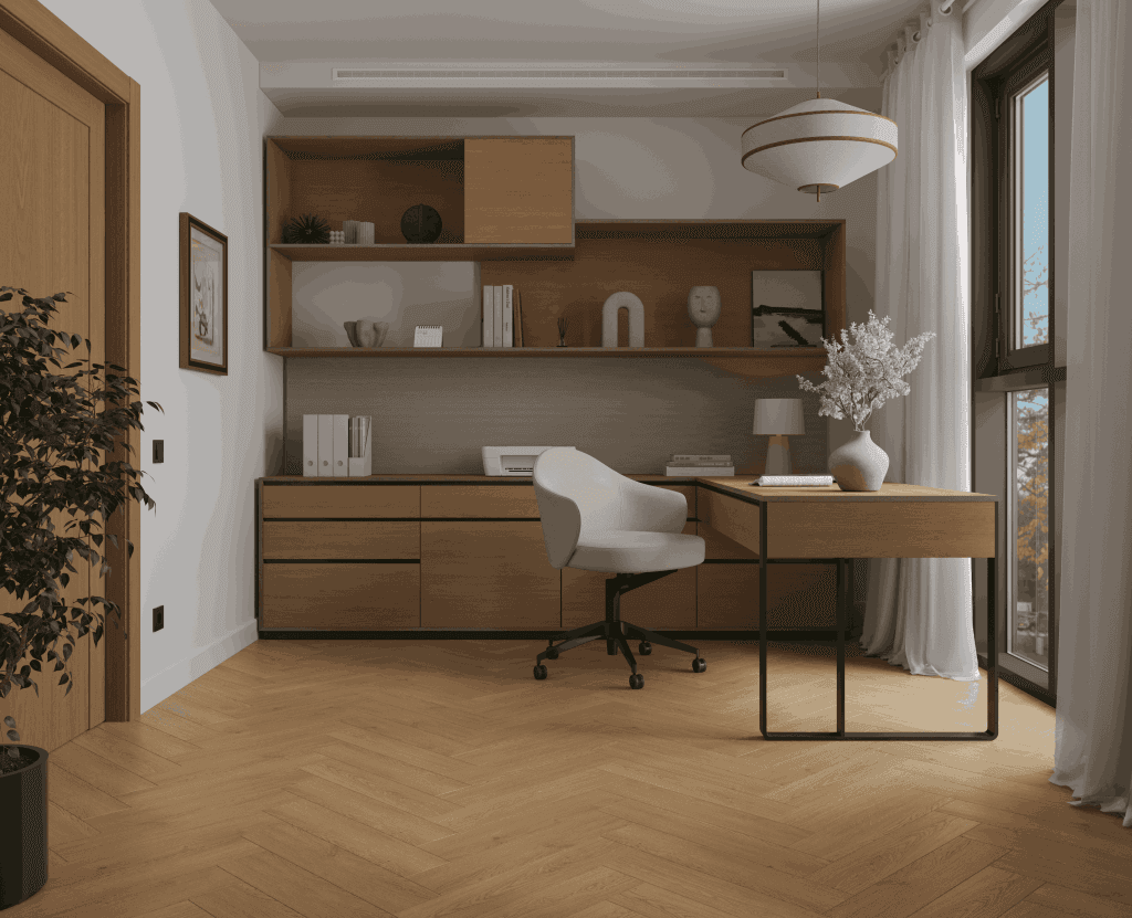 Кварцвиниловый SPC ламинат Alpine Floor Титан Паркет Аполлон ECO 29-2-R венгерская елка 600×125×6 фото в интерьере