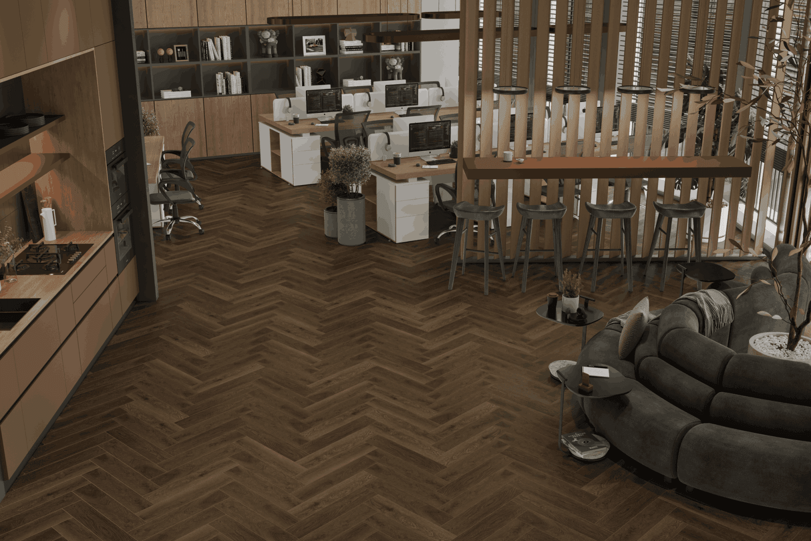 Кварцвиниловый SPC ламинат Alpine Floor Титан Паркет Минос ECO 29-4-R венгерская елка 600×125×6 фото в интерьере