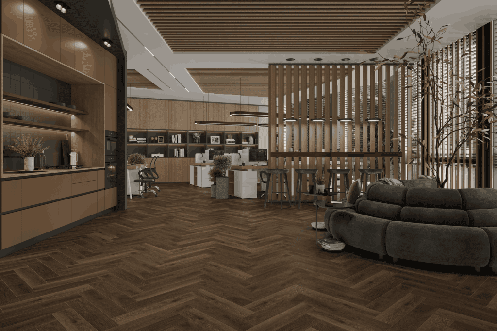 Кварцвиниловый SPC ламинат Alpine Floor Титан Паркет Минос ECO 29-4-R венгерская елка 600×125×6 фото в интерьере