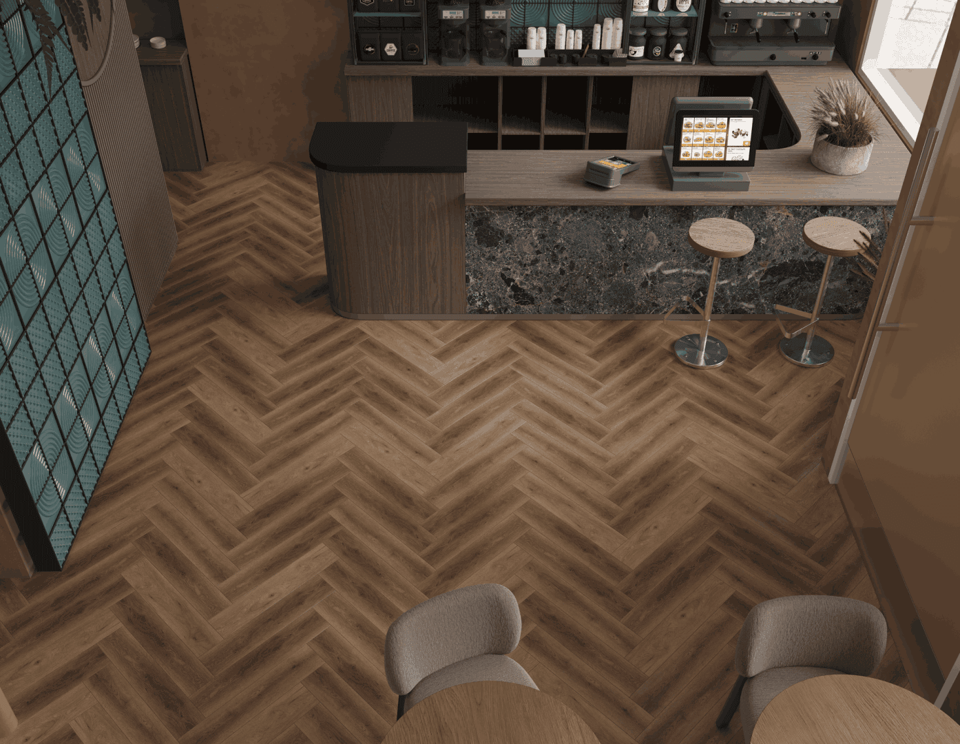 Кварцвиниловый SPC ламинат Alpine Floor Титан Паркет Икарус ECO 29-5-R венгерская елка 600×125×6 фото в интерьере