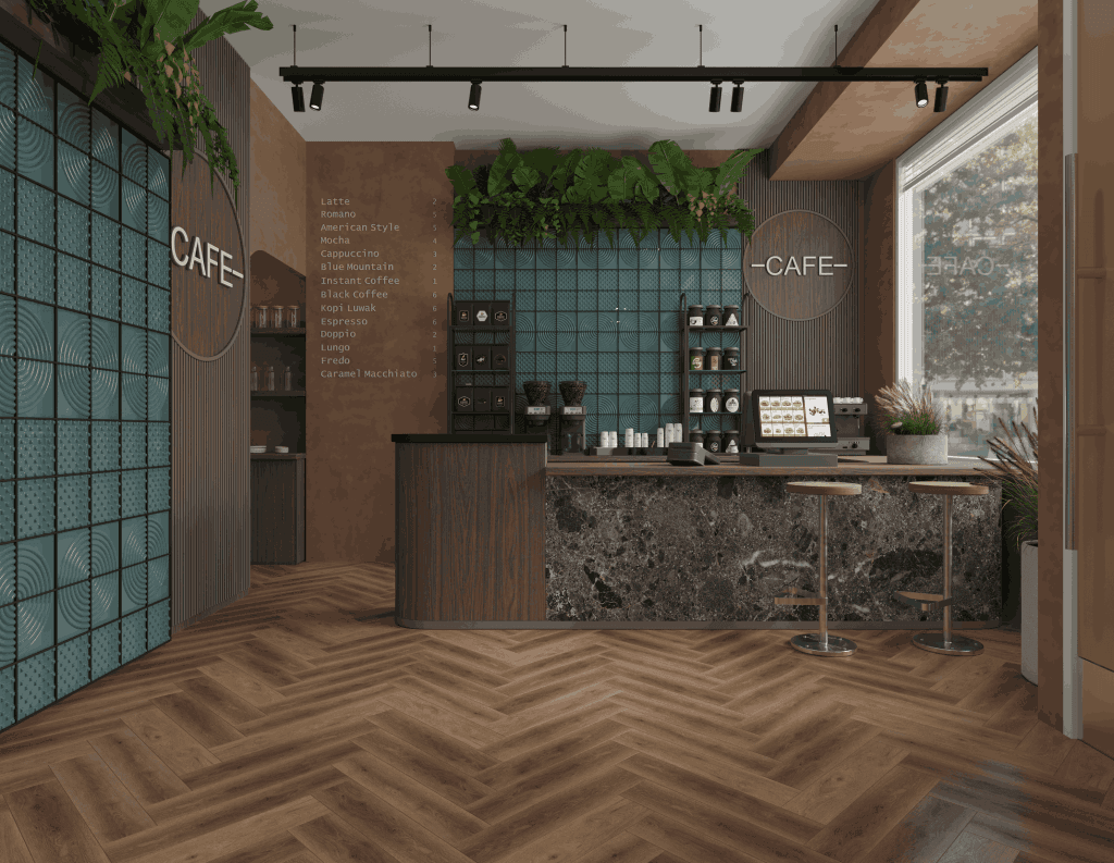 Кварцвиниловый SPC ламинат Alpine Floor Титан Паркет Икарус ECO 29-5-R венгерская елка 600×125×6 фото в интерьере