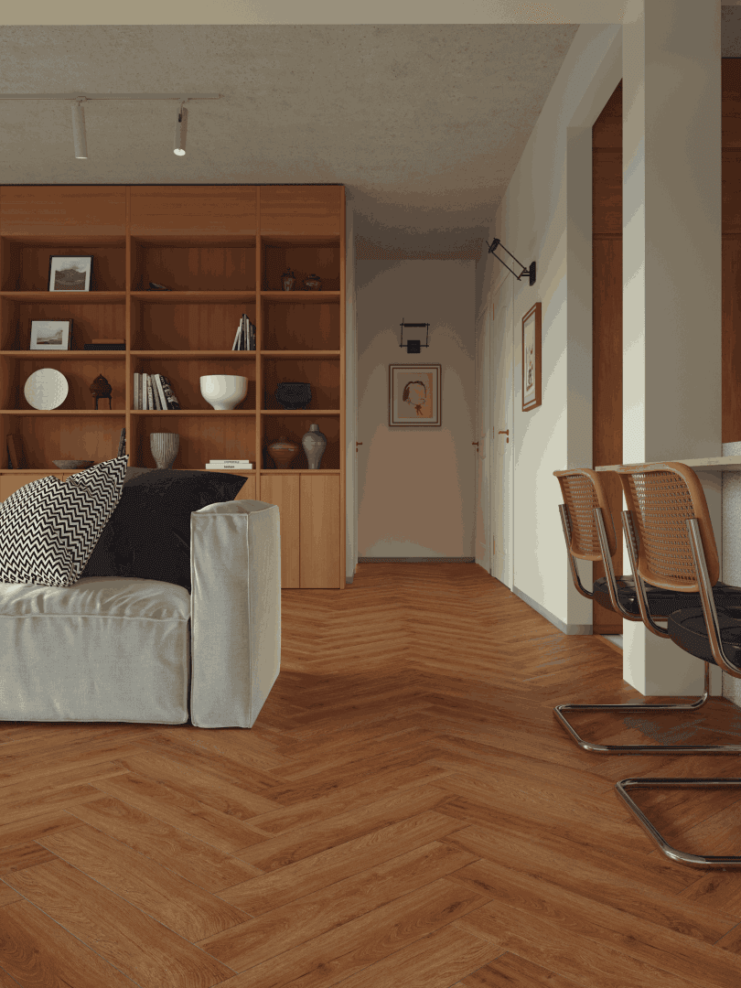 Кварцвиниловый SPC ламинат Alpine Floor Титан Паркет Олимп ECO 29-6-R венгерская елка 600×125×6 фото в интерьере