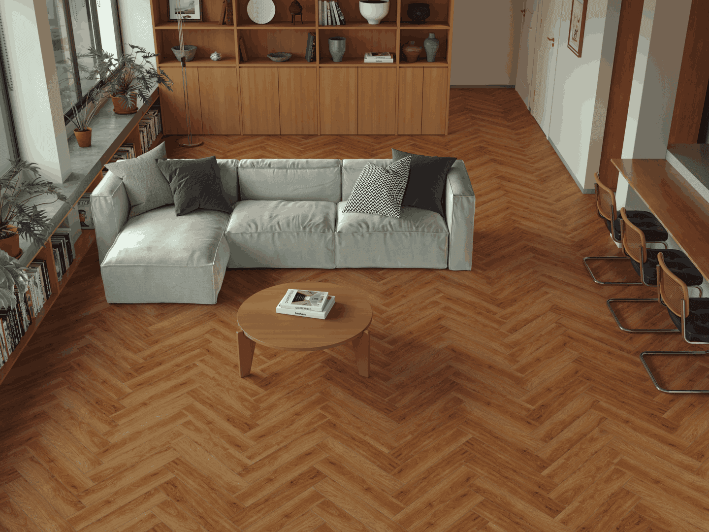 Кварцвиниловый SPC ламинат Alpine Floor Титан Паркет Олимп ECO 29-6-R венгерская елка 600×125×6 фото в интерьере