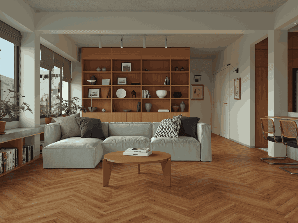 Кварцвиниловый SPC ламинат Alpine Floor Титан Паркет Олимп ECO 29-6-R венгерская елка 600×125×6 фото в интерьере