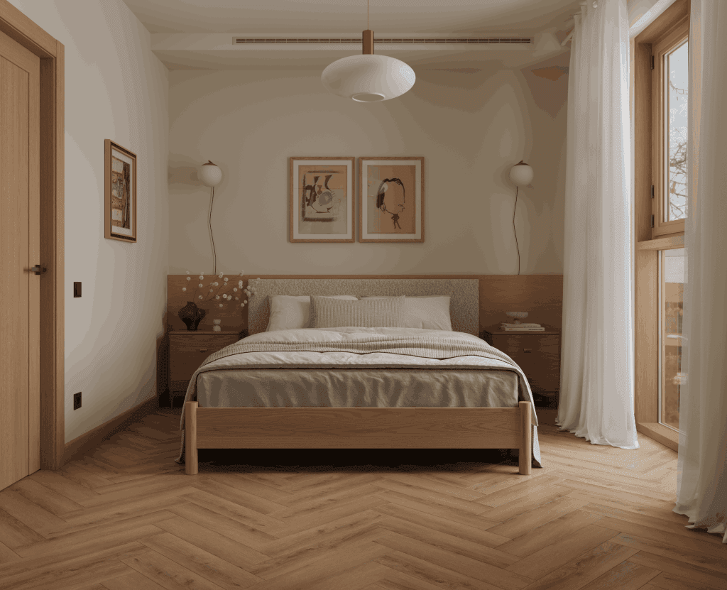 Кварцвиниловый SPC ламинат Alpine Floor Титан Паркет Феникс ECO 29-8-R венгерская елка 600×125×6 фото в интерьере