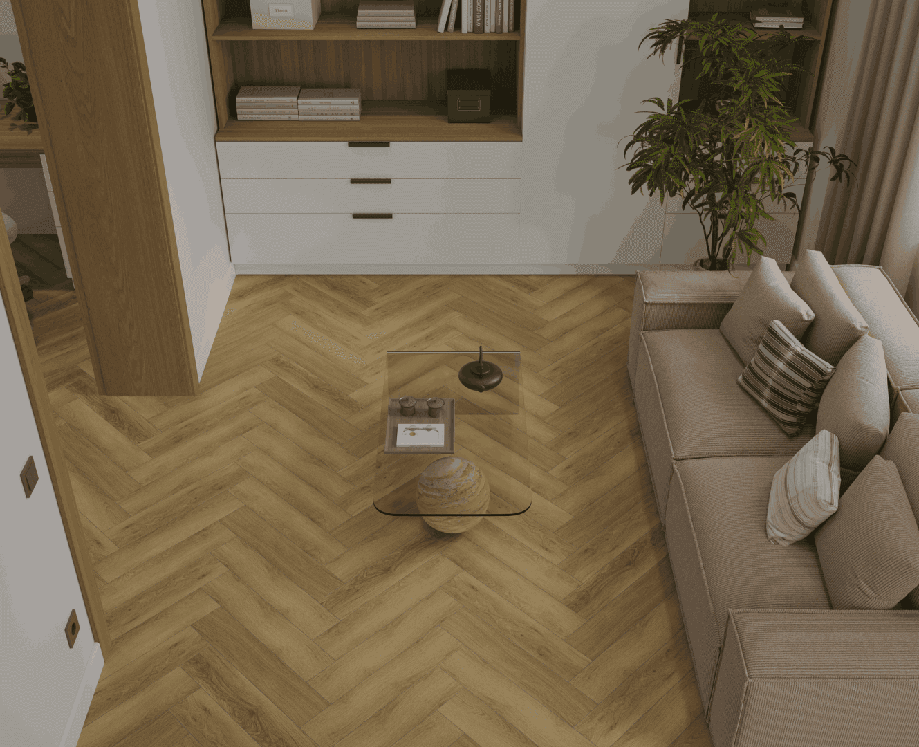 Кварцвиниловый SPC ламинат Alpine Floor Титан Паркет Антей ECO 29-11-R венгерская елка 600×125×6 фото в интерьере