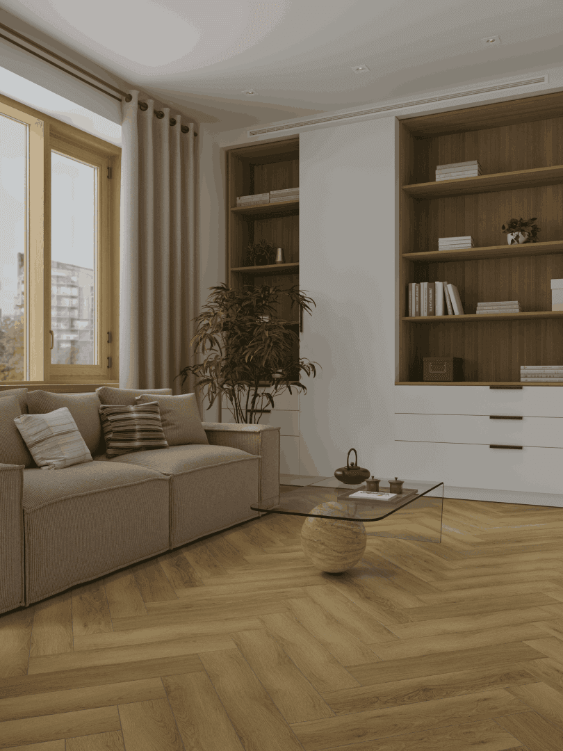 Кварцвиниловый SPC ламинат Alpine Floor Титан Паркет Антей ECO 29-11-R венгерская елка 600×125×6 фото в интерьере